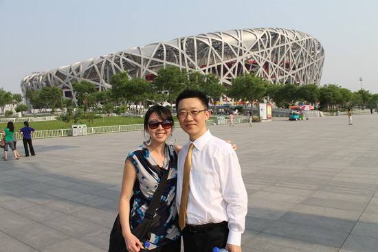 Professor Wu and I stand in front of the Bird's Nest.