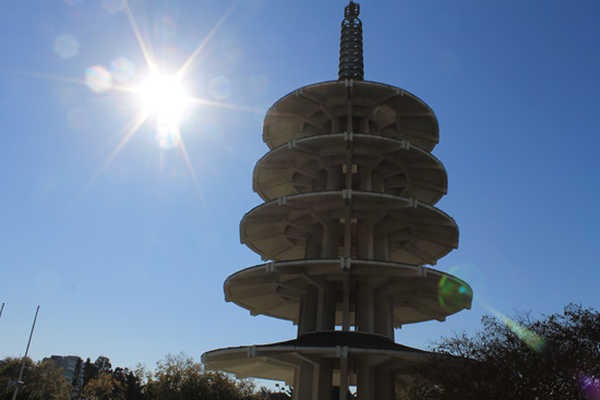 A tall Japanese pagoda stands in the center of Japantown.