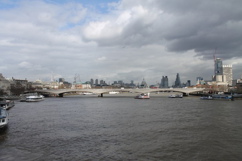 The view crossing over the bridge over the River Thames.