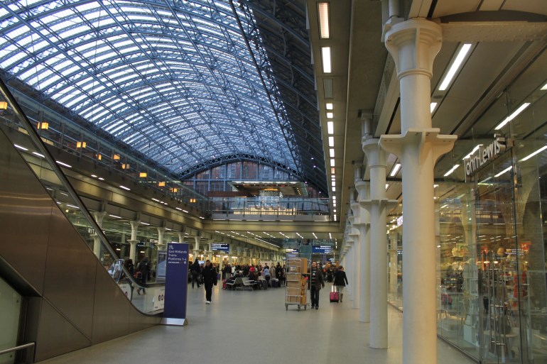 The interior of the St Pancras International train station includes shops and eateries.